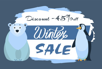 Winter sale in shops and stores. Polar bear and emperor penguin, cartoon characters. Promotion banner with designed caption and animals. Arctic mammal and antarctic bird. Vector illustration in flat
