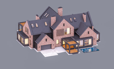 Fototapeta premium 3d rendering of modern cozy clinker house on the ponds with garage and pool for sale or rent in evening with cozy light from window. Isolated on gray