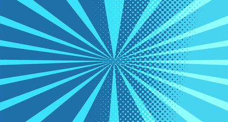 Vintage colorful comic book background. Blue blank bubbles of different shapes. Rays, radial, halftone, dotted effects. For sale banner for your designe 1960s. With copy space eps10.