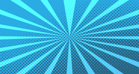 Obraz premium Vintage colorful comic book background. Blue blank bubbles of different shapes. Rays, radial, halftone, dotted effects. For sale banner for your designe 1960s. With copy space eps10.