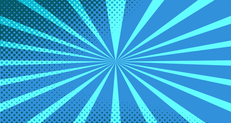 Obraz premium Vintage colorful comic book background. Blue blank bubbles of different shapes. Rays, radial, halftone, dotted effects. For sale banner for your designe 1960s. With copy space eps10.