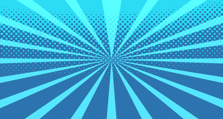 Vintage colorful comic book background. Blue blank bubbles of different shapes. Rays, radial, halftone, dotted effects. For sale banner for your designe 1960s. With copy space eps10.