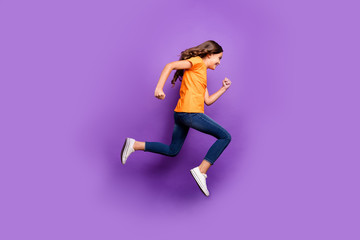 Fototapeta na wymiar Full length body size view of her she nice attractive lovely funky cheerful cheery wavy-haired girl jumping running fast action isolated over lilac purple violet pastel color background