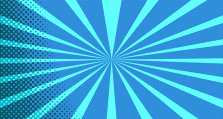 Vintage colorful comic book background. Blue blank bubbles of different shapes. Rays, radial, halftone, dotted effects. For sale banner for your designe 1960s. With copy space eps10.