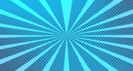 Vintage colorful comic book background. Blue blank bubbles of different shapes. Rays, radial, halftone, dotted effects. For sale banner for your designe 1960s. With copy space eps10.