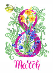 Greeting card for the holiday of March 8, Women's Day. Eight in lace, spring flowers muscari and daffodils, butterfly and the inscription 