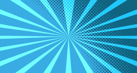 Vintage colorful comic book background. Blue blank bubbles of different shapes. Rays, radial, halftone, dotted effects. For sale banner for your designe 1960s. With copy space eps10.