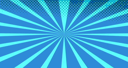 Vintage colorful comic book background. Blue blank bubbles of different shapes. Rays, radial, halftone, dotted effects. For sale banner for your designe 1960s. With copy space eps10.