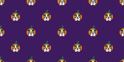 Vector halloween boston terrier dog with pumpkin seamless pattern background cartoon style for design.
