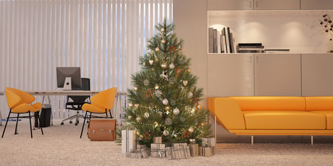 New year tree in modern office  interior with christmas decoration	