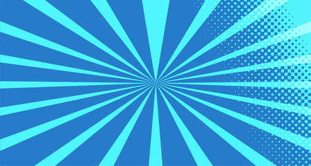 Vintage colorful comic book background. Blue blank bubbles of different shapes. Rays, radial, halftone, dotted effects. For sale banner for your designe 1960s. With copy space eps10.