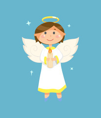 Christmas and Valentines Day character, angel with halo and wings holding candle vector. Heaven creature, boy or child in white robe, holy spirit