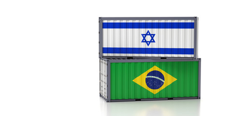 Two freight container with Israel and Brazil national flag. 3d rendering 
