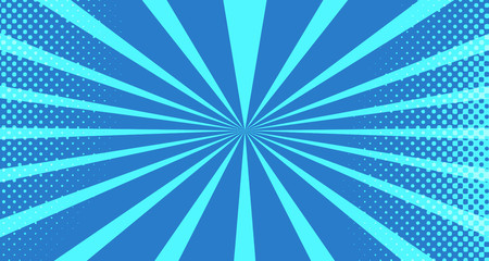 Vintage colorful comic book background. Blue blank bubbles of different shapes. Rays, radial, halftone, dotted effects. For sale banner for your designe 1960s. With copy space eps10.