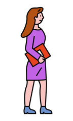 Worker character holding business report, professional accounting. Female colleague standing with documents. Element of work consulting or training with going woman in purple dress and outline vector