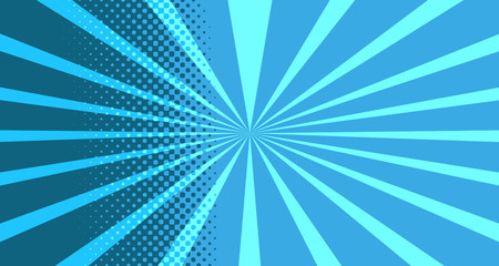 Vintage colorful comic book background. Blue blank bubbles of different shapes. Rays, radial, halftone, dotted effects. For sale banner for your designe 1960s. With copy space eps10.