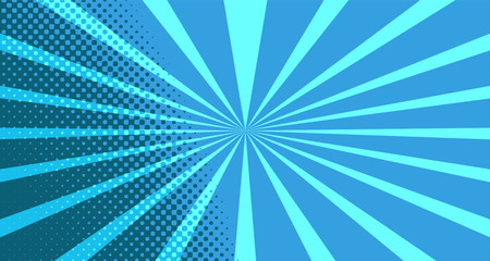 Vintage colorful comic book background. Blue blank bubbles of different shapes. Rays, radial, halftone, dotted effects. For sale banner for your designe 1960s. With copy space eps10.