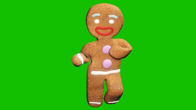 The gingerbread man is dancing a Christmas dance. The concept of the celebration. Looped animation in front of green screen.