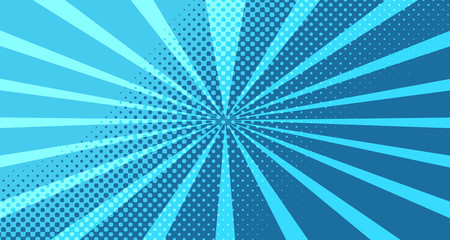 Vintage colorful comic book background. Blue blank bubbles of different shapes. Rays, radial, halftone, dotted effects. For sale banner for your designe 1960s. With copy space eps10.