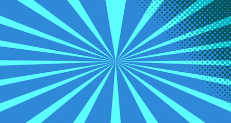 Vintage colorful comic book background. Blue blank bubbles of different shapes. Rays, radial, halftone, dotted effects. For sale banner for your designe 1960s. With copy space eps10.