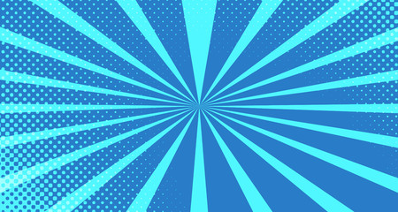 Vintage colorful comic book background. Blue blank bubbles of different shapes. Rays, radial, halftone, dotted effects. For sale banner for your designe 1960s. With copy space eps10.