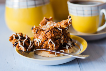 Espresso coffee and delicious sweet cake, vintage coffee set bright yellow