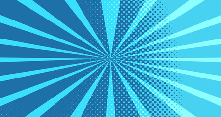 Vintage colorful comic book background. Blue blank bubbles of different shapes. Rays, radial, halftone, dotted effects. For sale banner for your designe 1960s. With copy space eps10.