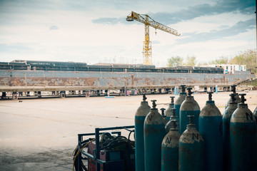 ship yard with rusty ship