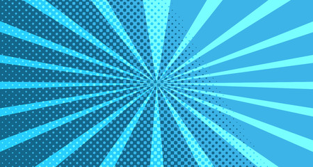 Vintage colorful comic book background. Blue blank bubbles of different shapes. Rays, radial, halftone, dotted effects. For sale banner for your designe 1960s. With copy space eps10.