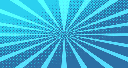 Vintage colorful comic book background. Blue blank bubbles of different shapes. Rays, radial, halftone, dotted effects. For sale banner for your designe 1960s. With copy space eps10.