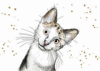 Watercolor hand drawn illustration: cute kitten with big eyes and a curious attitude