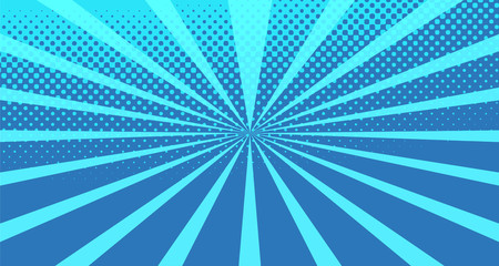 Vintage colorful comic book background. Blue blank bubbles of different shapes. Rays, radial, halftone, dotted effects. For sale banner for your designe 1960s. With copy space eps10.