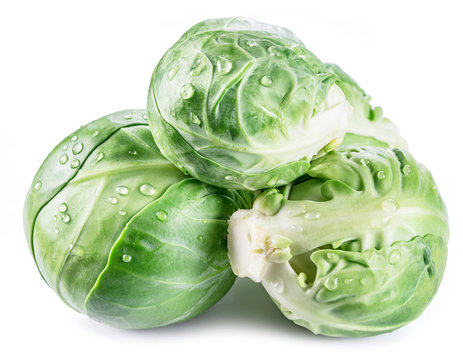 Green brussel sprouts with water drops on them on white background.