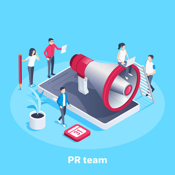 isometric vector image on a blue background, a large loudspeaker on the smartphone screen and people working with it, PR team