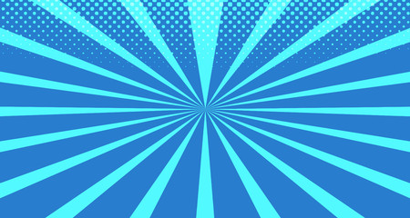 Vintage colorful comic book background. Blue blank bubbles of different shapes. Rays, radial, halftone, dotted effects. For sale banner for your designe 1960s. With copy space eps10.