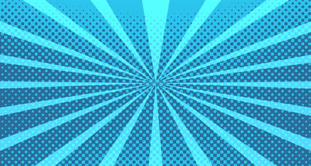 Vintage colorful comic book background. Blue blank bubbles of different shapes. Rays, radial, halftone, dotted effects. For sale banner for your designe 1960s. With copy space eps10.