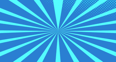 Vintage colorful comic book background. Blue blank bubbles of different shapes. Rays, radial, halftone, dotted effects. For sale banner for your designe 1960s. With copy space eps10.