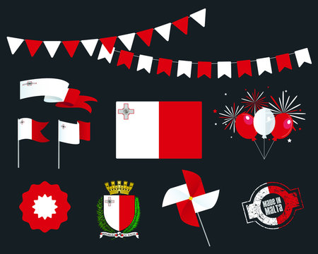 National holiday. Independence Day of Malta set of vector design elements, Made in Malta. Map, flags, ribbons, turntables, sockets. Vector symbolism, set for your info graphics. September 21st