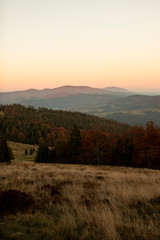 Majestic sunset in the mountains landscape. Sunset above hills and peaks, forest and yellow grass meadows.