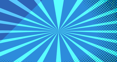 Obraz premium Vintage colorful comic book background. Blue blank bubbles of different shapes. Rays, radial, halftone, dotted effects. For sale banner for your designe 1960s. With copy space eps10.