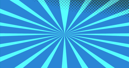 Vintage colorful comic book background. Blue blank bubbles of different shapes. Rays, radial, halftone, dotted effects. For sale banner for your designe 1960s. With copy space eps10.