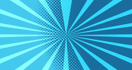 Vintage colorful comic book background. Blue blank bubbles of different shapes. Rays, radial, halftone, dotted effects. For sale banner for your designe 1960s. With copy space eps10.