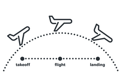 linear image on a white background, the icon of the aircraft and the stages of its flight