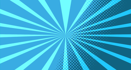 Obraz premium Vintage colorful comic book background. Blue blank bubbles of different shapes. Rays, radial, halftone, dotted effects. For sale banner for your designe 1960s. With copy space eps10.