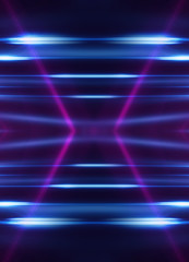 Dark abstract futuristic background. Neon lines glow. Neon lines, shapes. Multi-colored glow, blurry lights, bokeh. Empty stage background