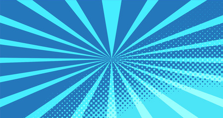 Vintage colorful comic book background. Blue blank bubbles of different shapes. Rays, radial, halftone, dotted effects. For sale banner for your designe 1960s. With copy space eps10.