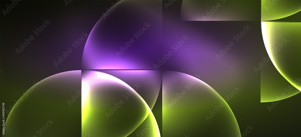 Fototapete techno glowing glass geometric shapes vector background, futuristic dark template with neon light ef