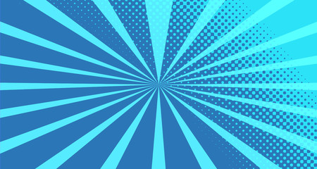 Vintage colorful comic book background. Blue blank bubbles of different shapes. Rays, radial, halftone, dotted effects. For sale banner for your designe 1960s. With copy space eps10.