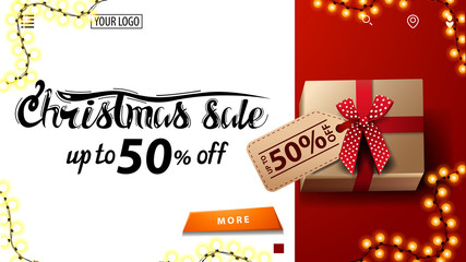 Christmas sale, up to 50% off, white and red discount banner for website with present with price tag, top view