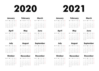 Vector Calendar on 2020, 2021 years. Week starts Monday. 